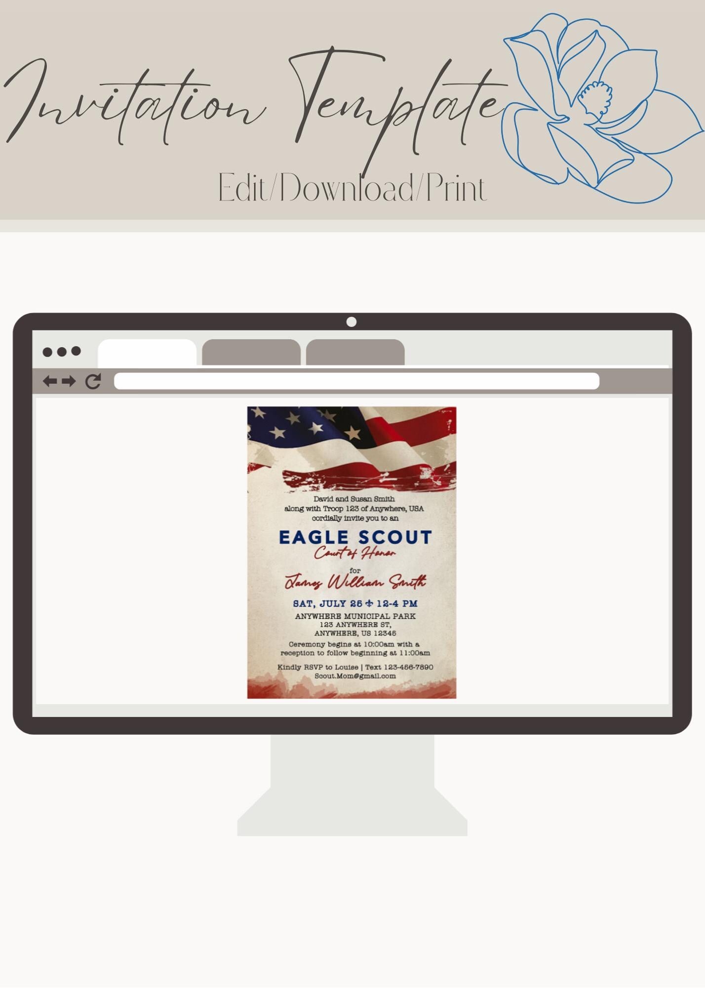Eagle Scout Court of Honor Invitation, Printable Download, Digital Invite Template, Bald Eagle Scout