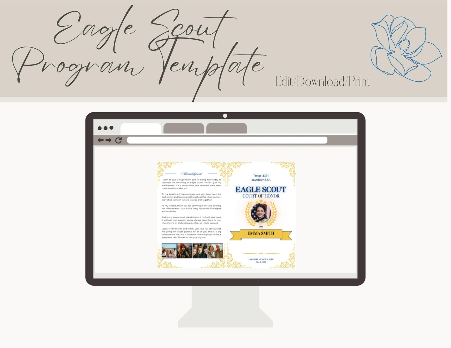 Eagle Scout Court of Honor Program order of events custom, Scouts, Party, Customizable Program, Golden Fleur