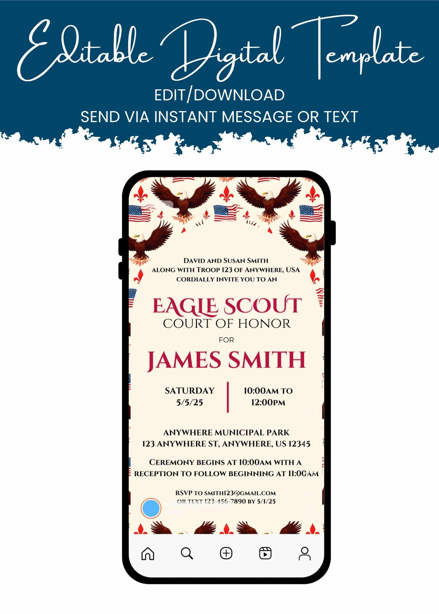 Eagle Scout Court of Honor Invitation, Printable Download, Digital Invite Template, Bald Eagle Scout