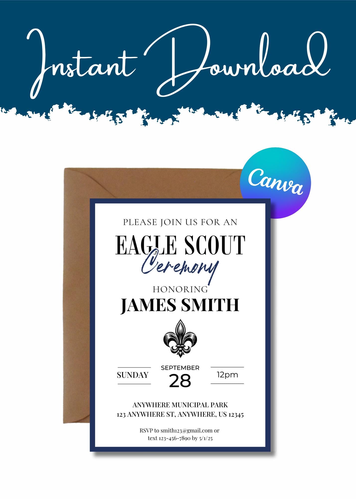 Eagle Scout Court of Honor Invitation, Printable Download, Invite Template, DIY Eagle Scout Blue