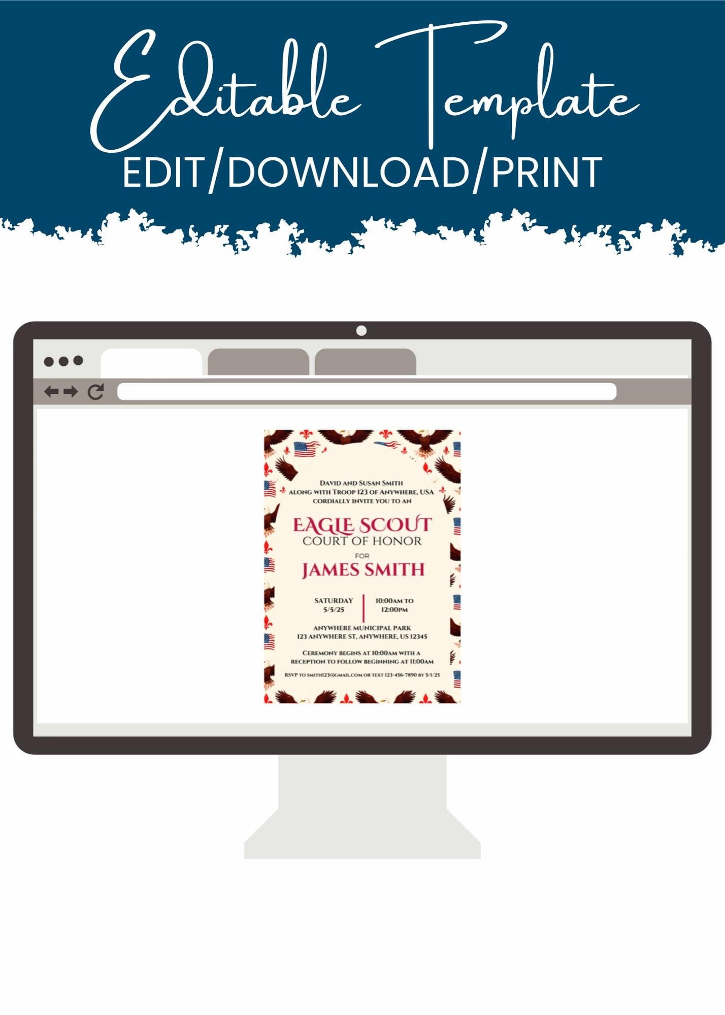 Eagle Scout Court of Honor Invitation, Printable Download, Digital Invite Template, Bald Eagle Scout