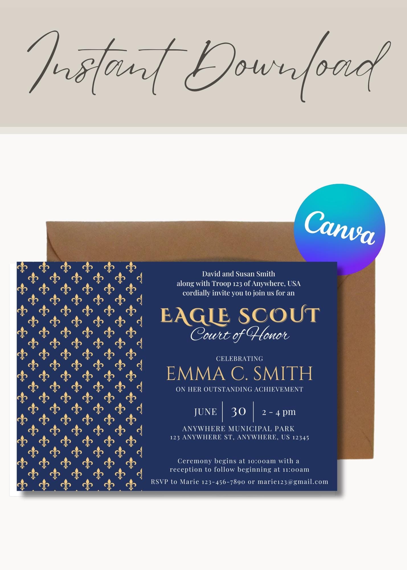 Eagle Scout Court of Honor Invitation and Welcome Sign, Printable Download, Digital Invite Template, Welcome Sign, Eagle Scout Fleur