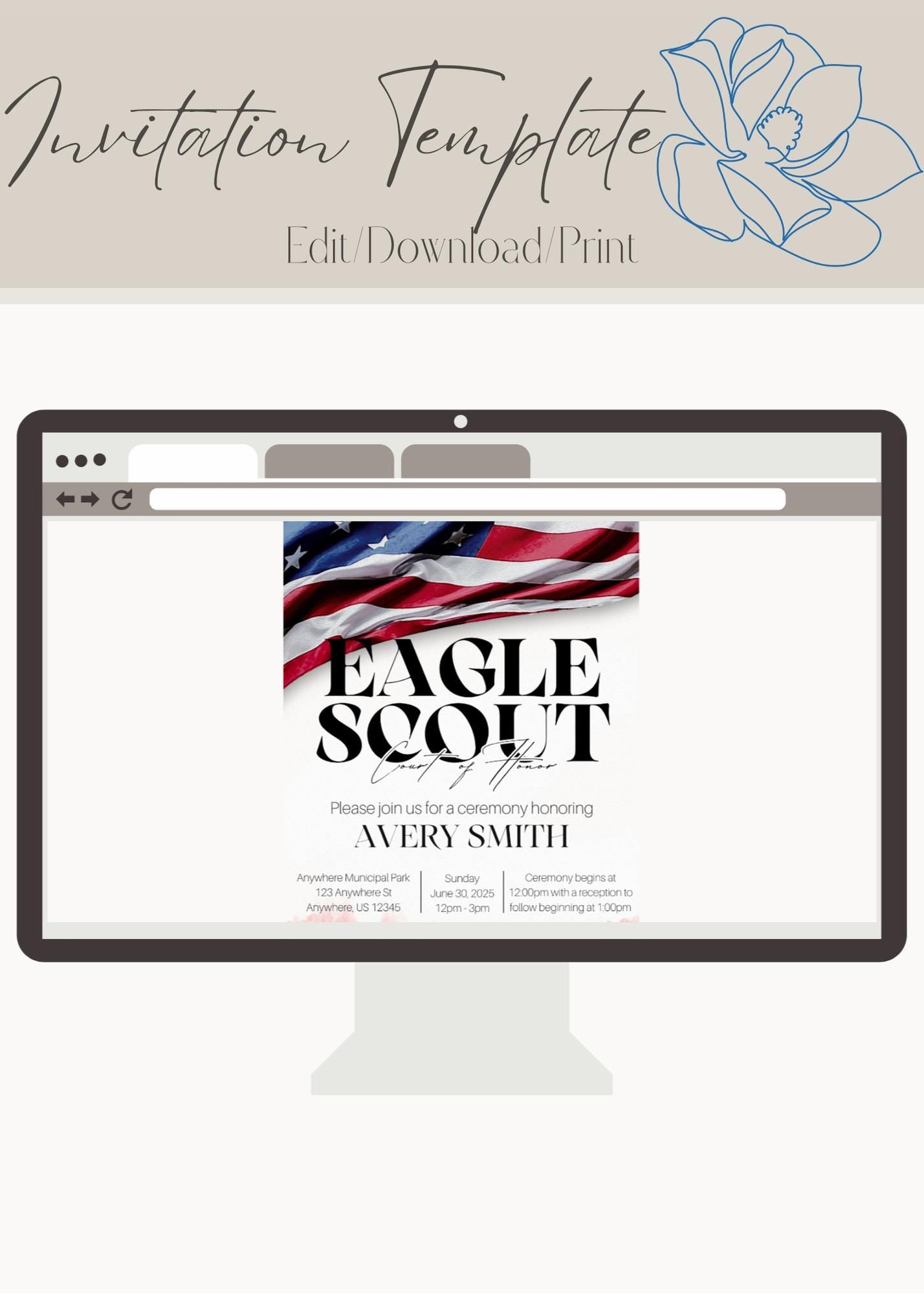 Eagle Scout Court of Honor Invitation, Printable Download, Digital Invite Template, Bald Eagle Scout, Non Distressed Flag