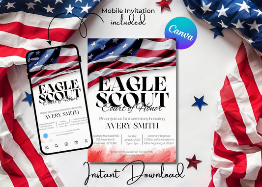 Eagle Scout Court of Honor Invitation, Printable Download, Digital Invite Template, Bald Eagle Scout, Non Distressed Flag