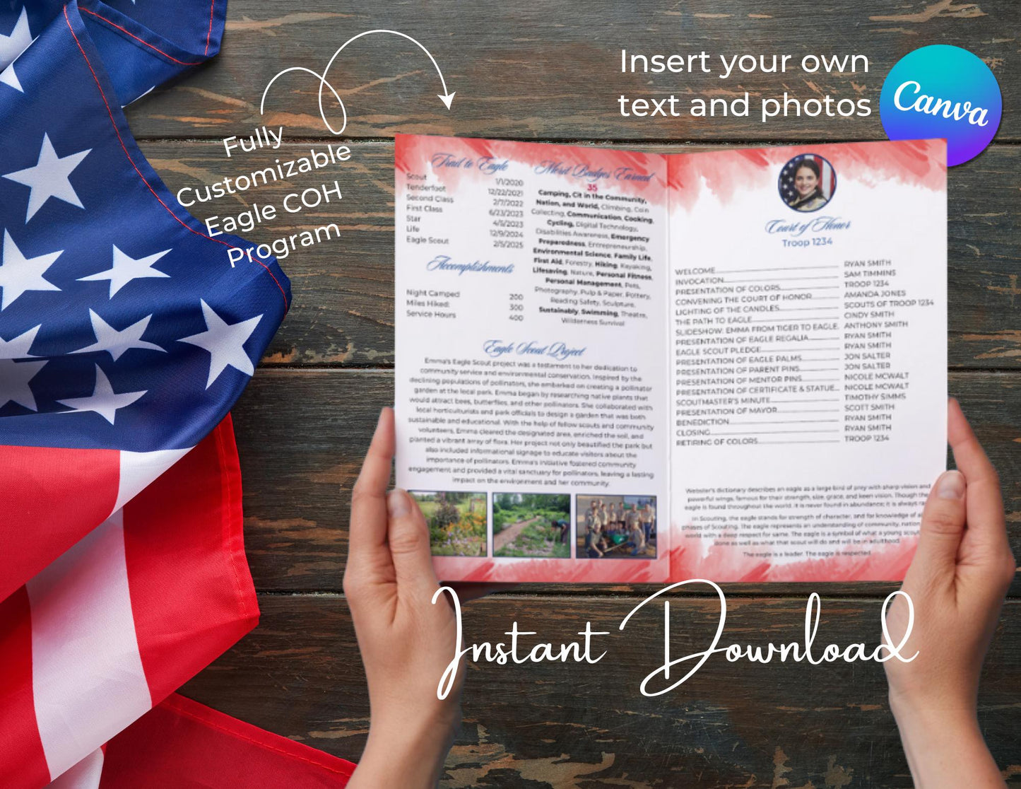 Eagle Scout Court of Honor Program order of events custom, Scouts, Party, customizable Program, Non-Distressed Flag