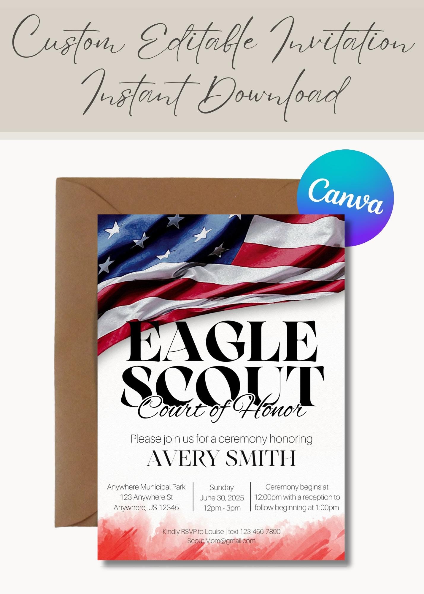Eagle Scout Court of Honor Invitation, Printable Download, Digital Invite Template, Bald Eagle Scout, Non Distressed Flag