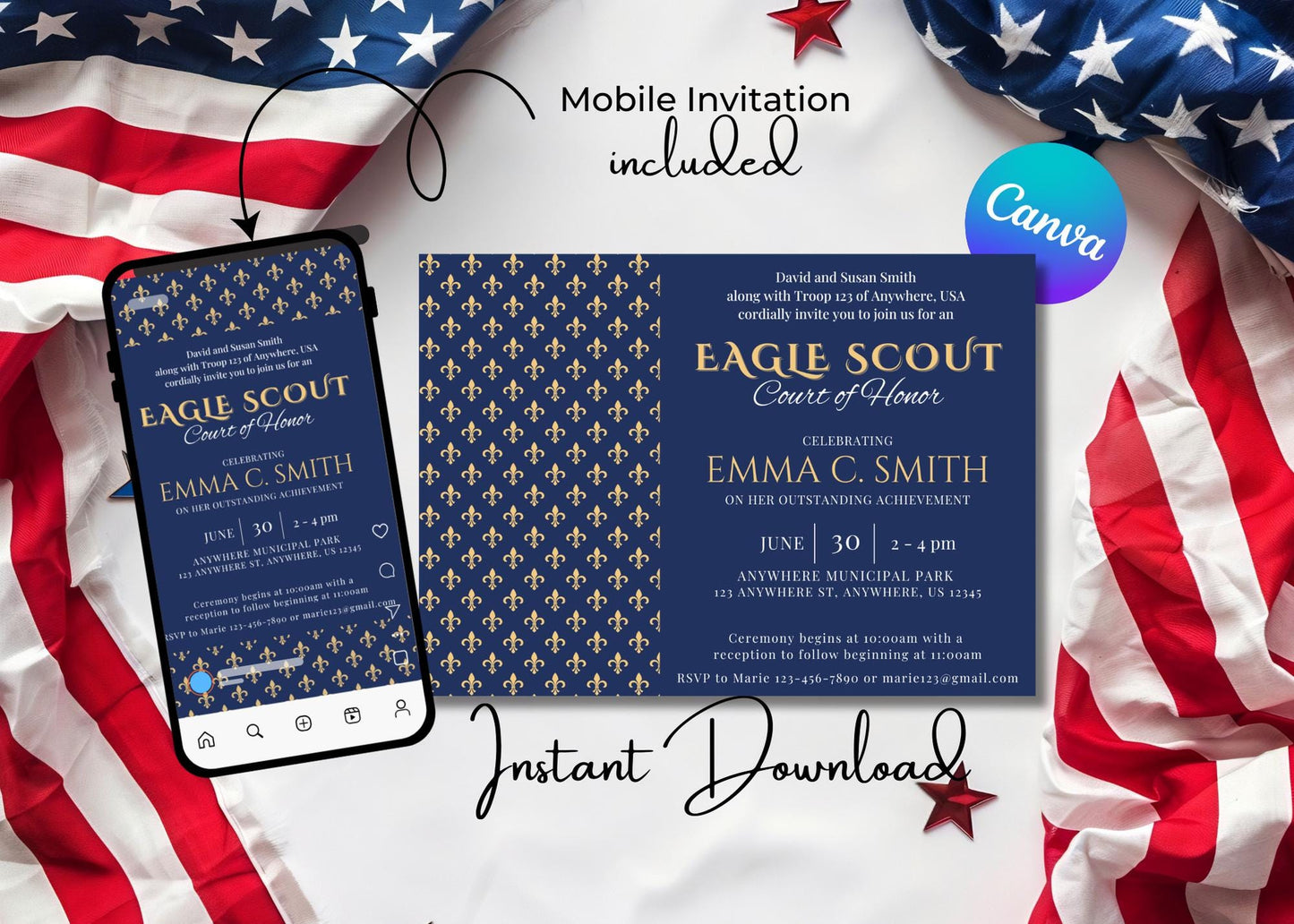 Eagle Scout Court of Honor Invitation and Welcome Sign, Printable Download, Digital Invite Template, Welcome Sign, Eagle Scout Fleur