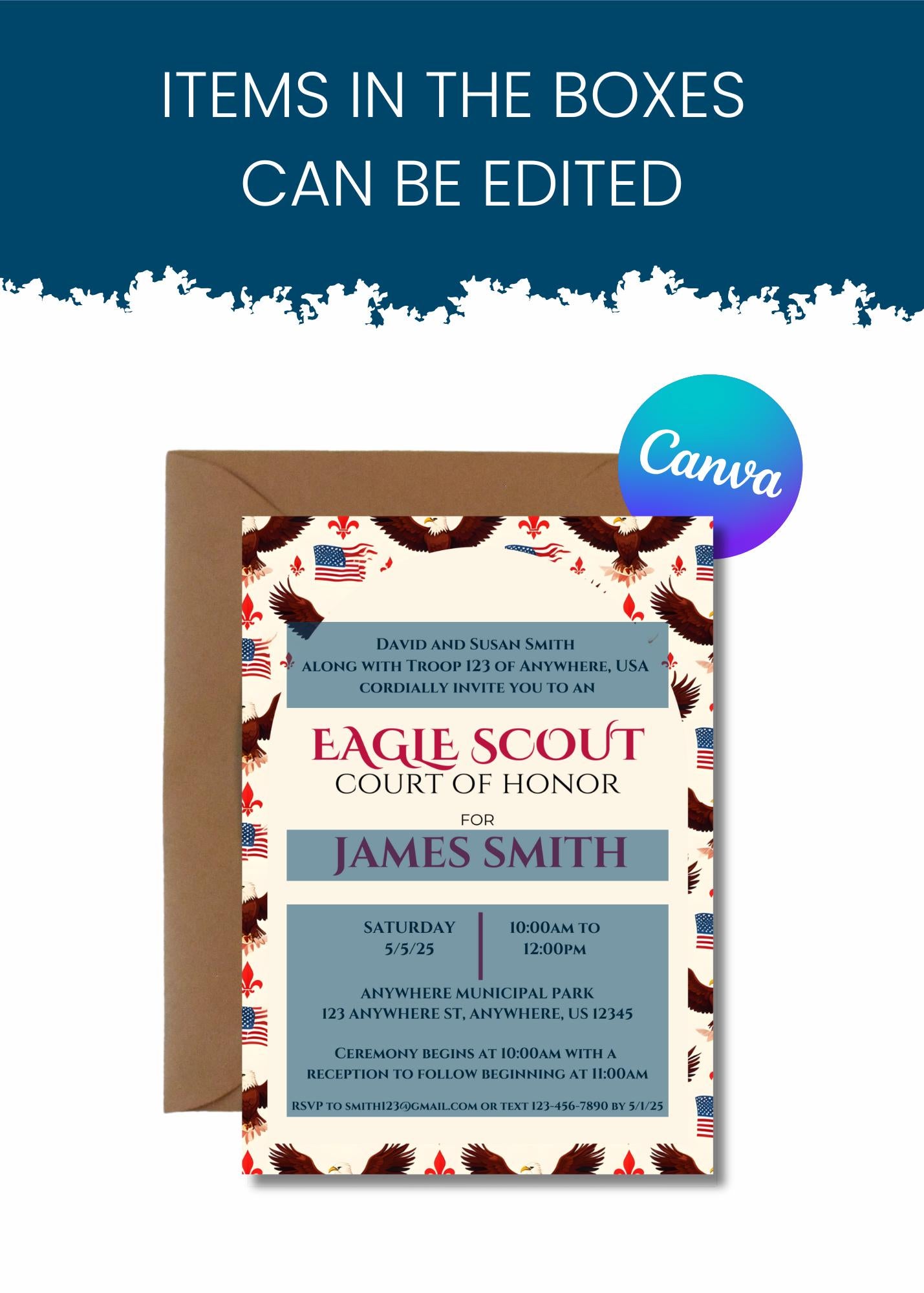 Eagle Scout Court of Honor Invitation, Printable Download, Digital Invite Template, Bald Eagle Scout