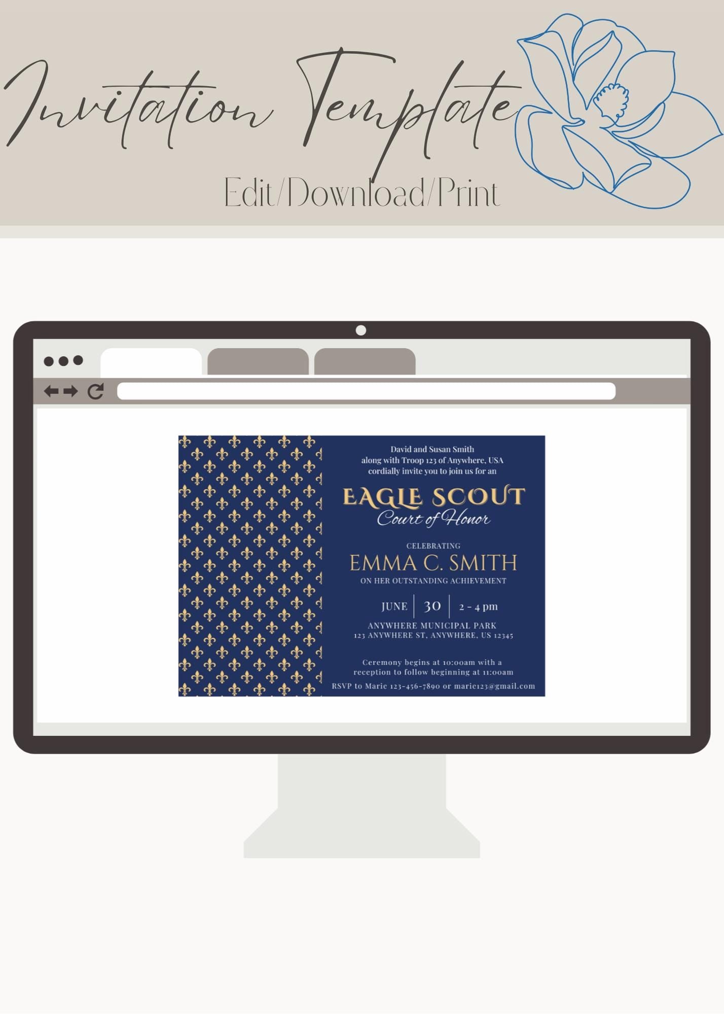 Eagle Scout Court of Honor Invitation and Welcome Sign, Printable Download, Digital Invite Template, Welcome Sign, Eagle Scout Fleur