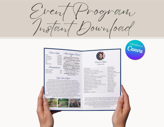 Eagle Scout Court of Honor Program order of events custom, Scouts, Party, Customizable Program, Blue Border