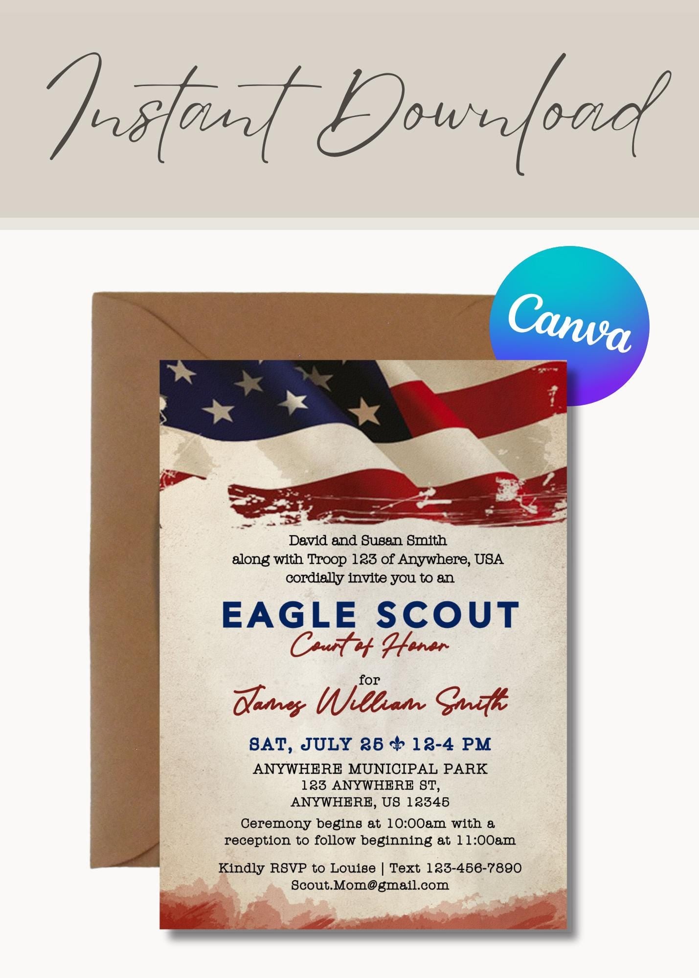 Eagle Scout Court of Honor Invitation, Printable Download, Digital Invite Template, Bald Eagle Scout