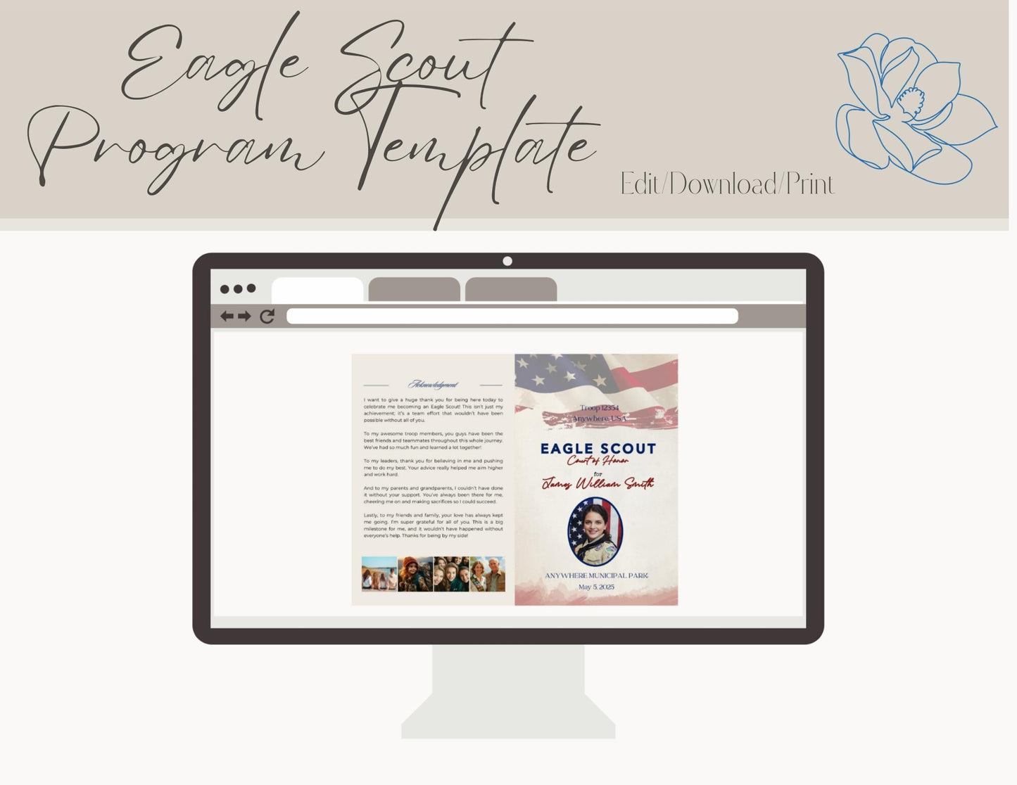 Eagle Scout Court of Honor Program order of events custom, Scouts, Party, customizable program, Distressed Flag