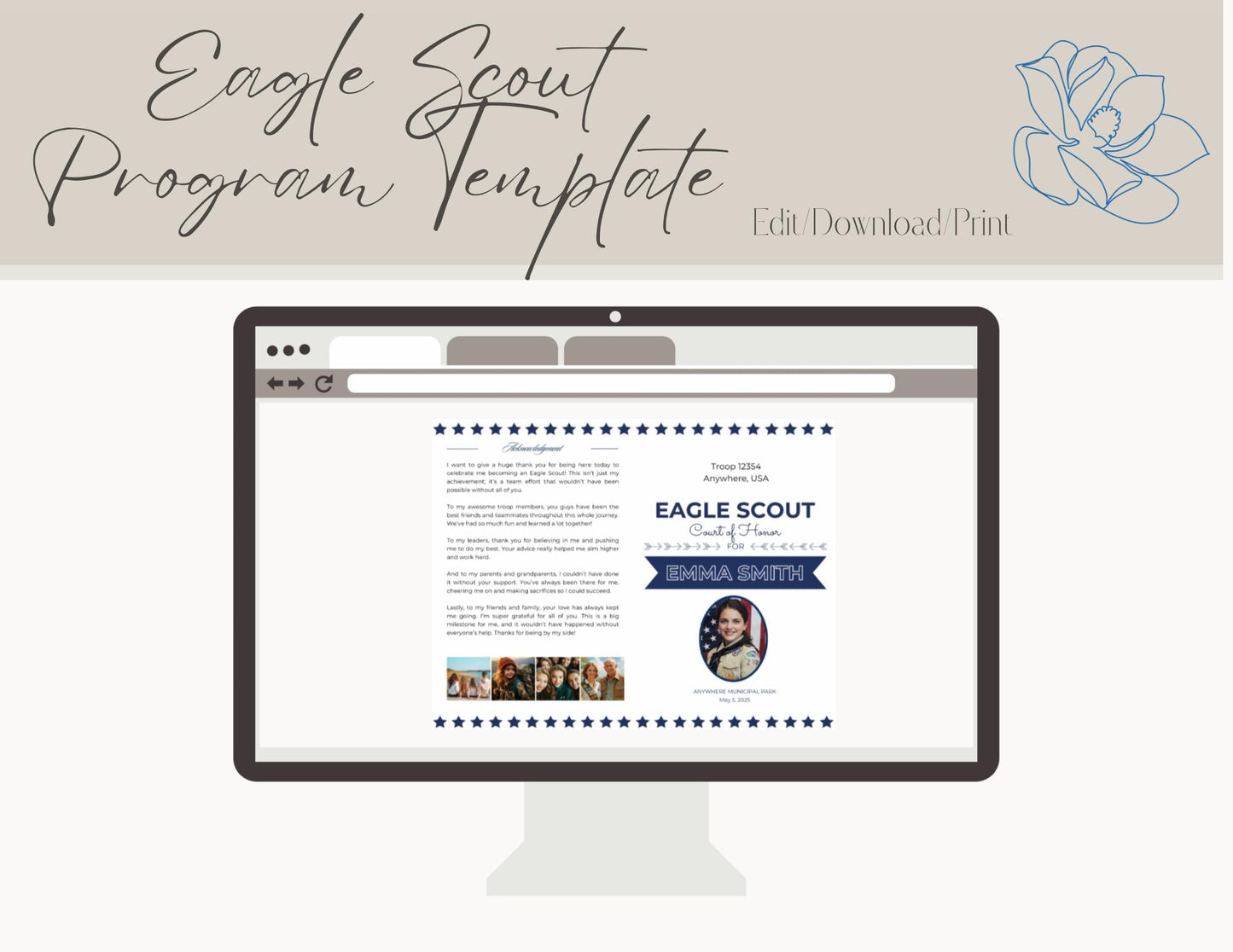 Eagle Scout Court of Honor Program order of events custom, Scouts, Party, Customizable program, Stars