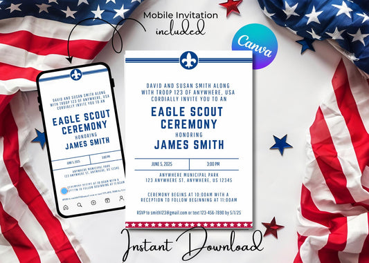 Eagle Scout Court of Honor Invitation, Printable Download, Digital Invite Template, DIY Eagle Fleur, Scouts, Girl Scout