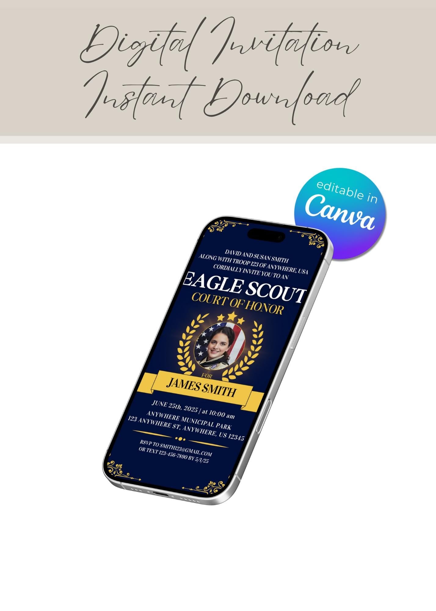 Eagle Scout Court of Honor Invitation, Printable Download, Digital Invite Template, DIY Eagle Scout Seal
