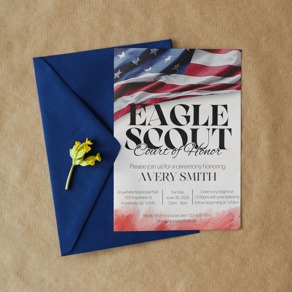 Eagle Scout Court of Honor Invitation, Printable Download, Digital Invite Template, Bald Eagle Scout, Non Distressed Flag
