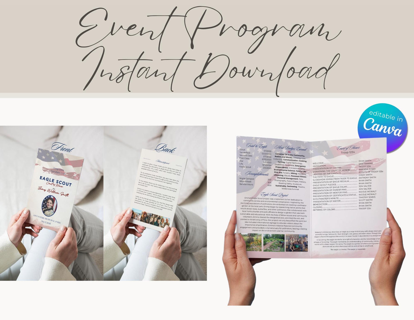 Eagle Scout Court of Honor Program order of events custom, Scouts, Party, customizable program, Distressed Flag
