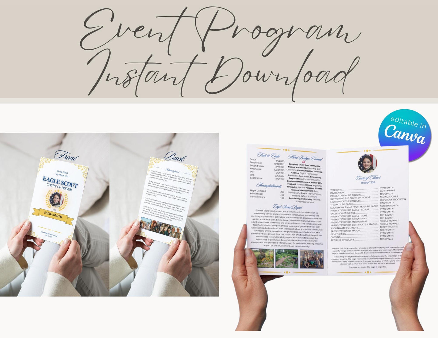 Eagle Scout Court of Honor Program order of events custom, Scouts, Party, Customizable Program, Golden Fleur
