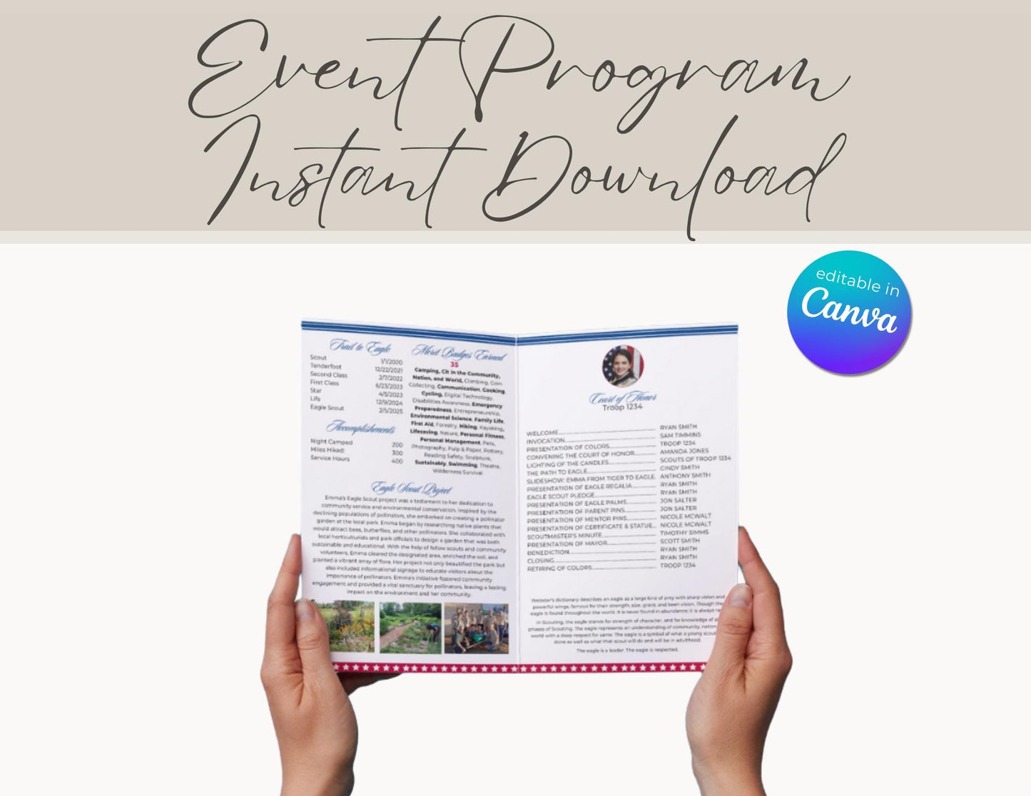 Eagle Scout Court of Honor Program order of events custom, Scouts, Party, customizable program, Eagle Seal