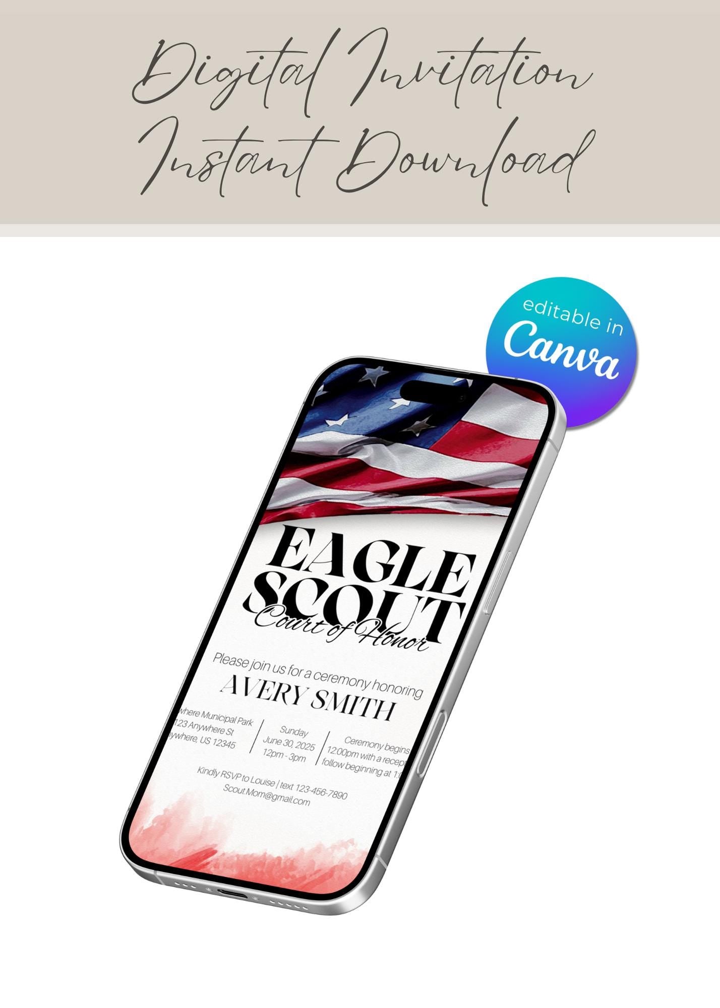 Eagle Scout Court of Honor Invitation, Printable Download, Digital Invite Template, Bald Eagle Scout, Non Distressed Flag