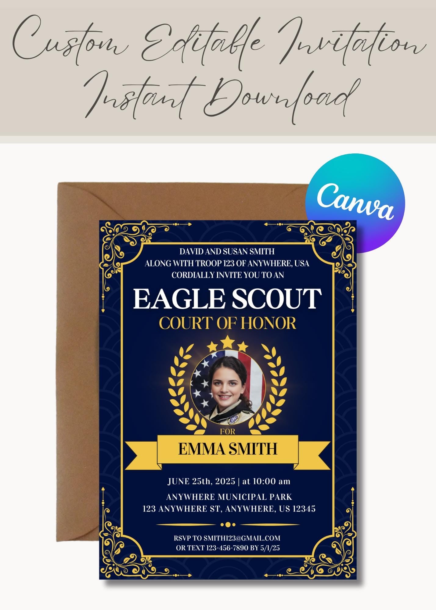 Eagle Scout Court of Honor Invitation, Printable Download, Digital Invite Template, DIY Eagle Scout Seal