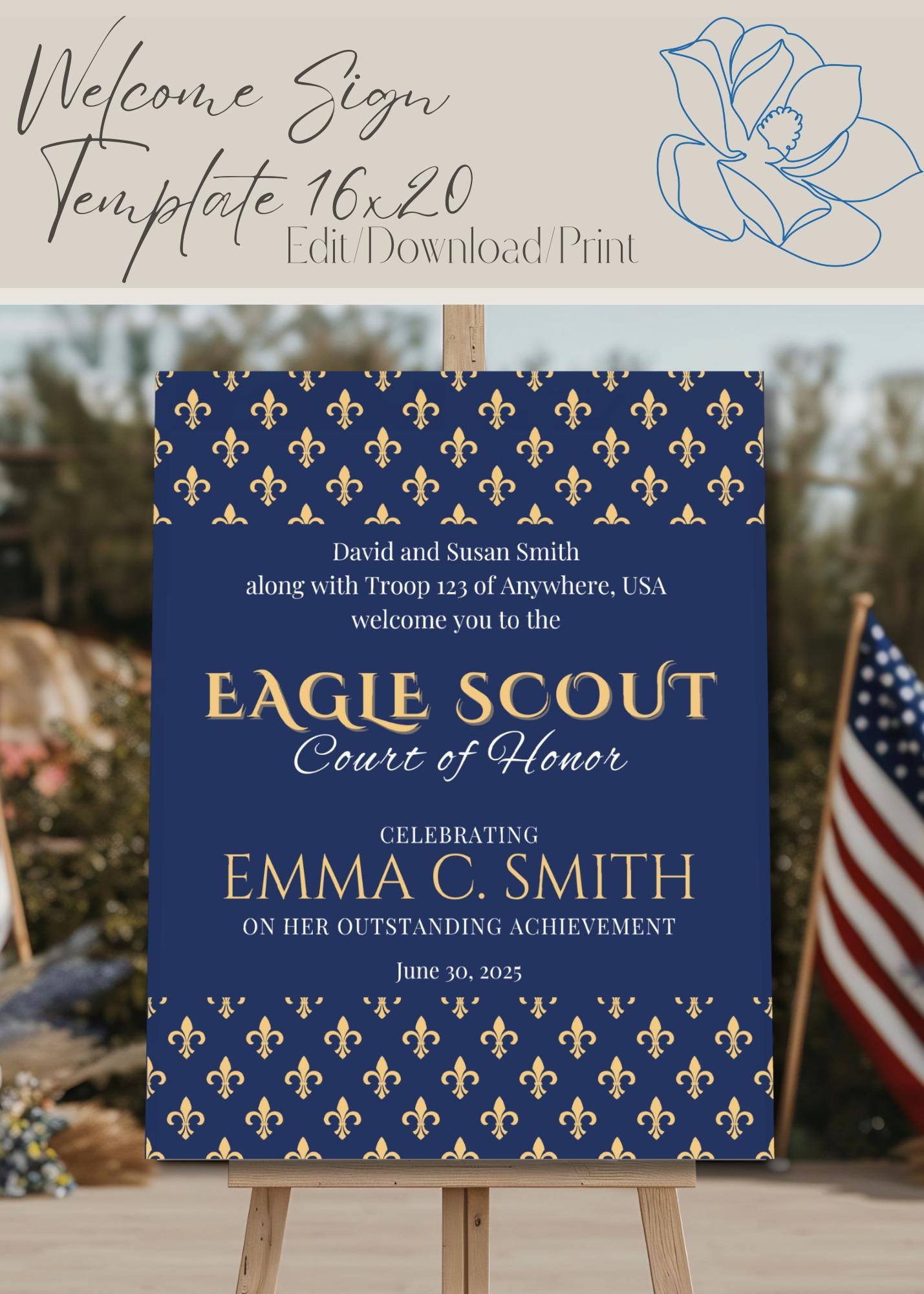 Eagle Scout Court of Honor Invitation and Welcome Sign, Printable Download, Digital Invite Template, Welcome Sign, Eagle Scout Fleur