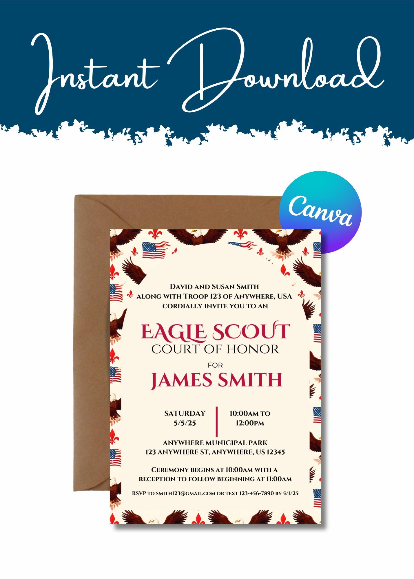 Eagle Scout Court of Honor Invitation, Printable Download, Digital Invite Template, Bald Eagle Scout