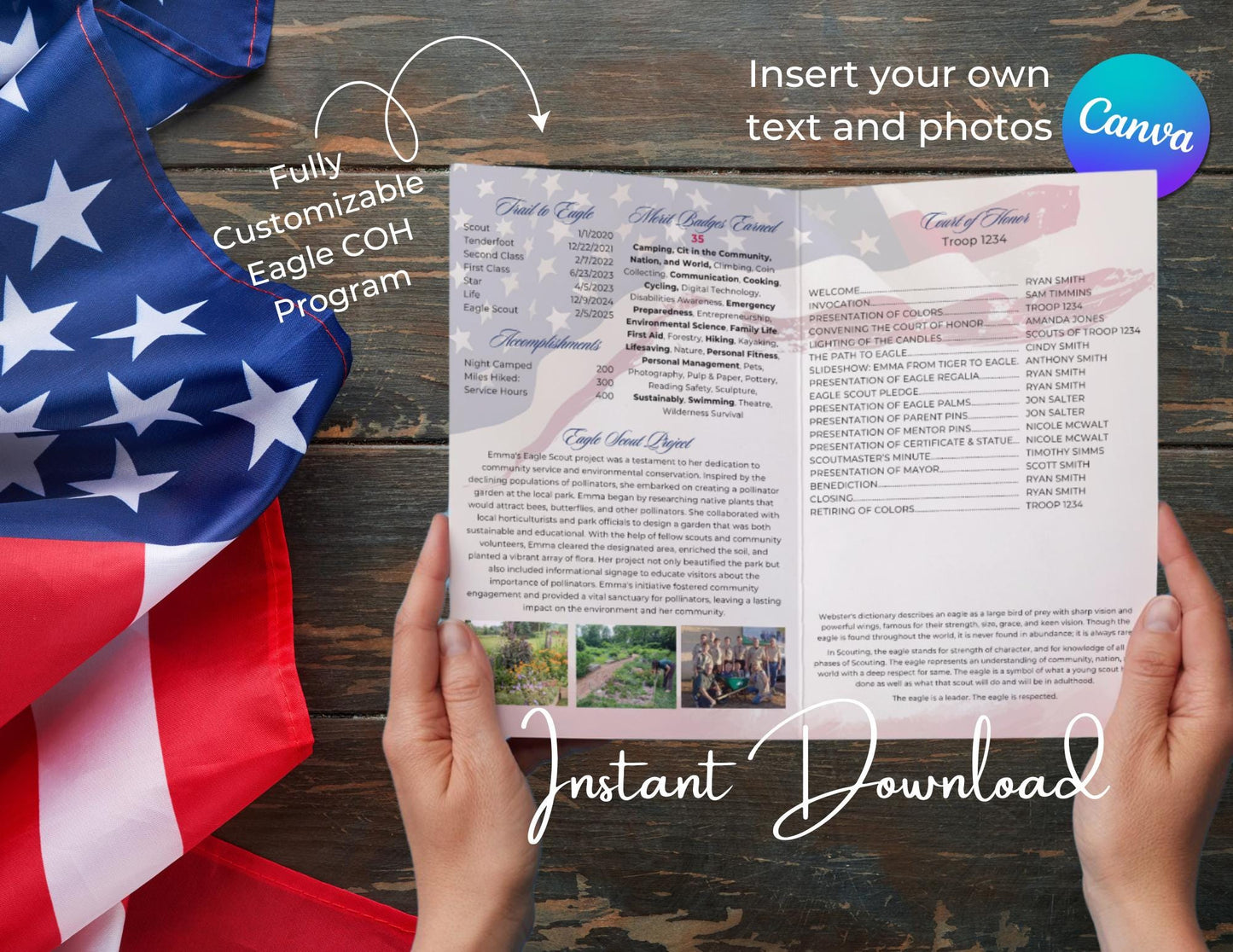 Eagle Scout Court of Honor Program order of events custom, Scouts, Party, customizable program, Distressed Flag