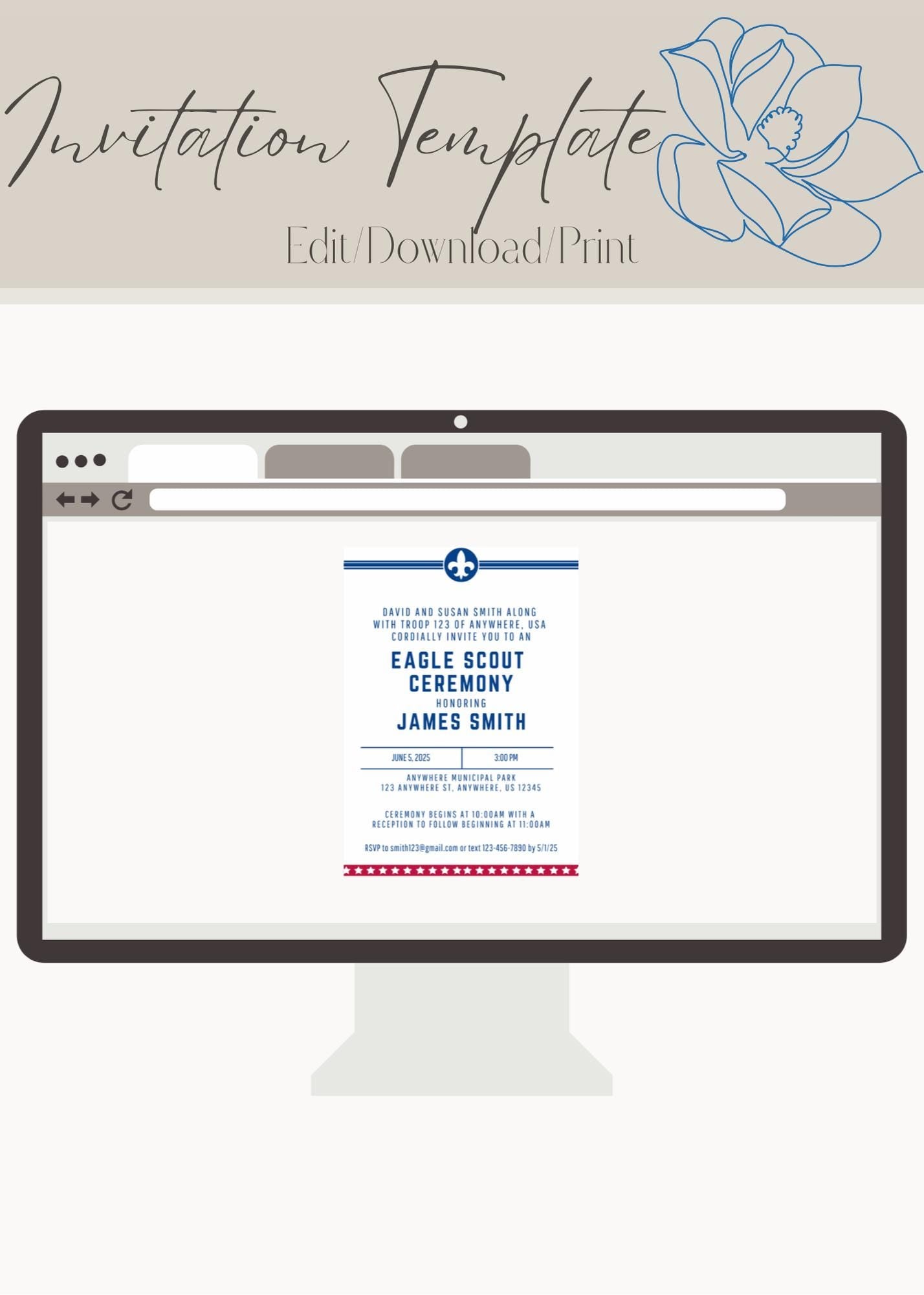Eagle Scout Court of Honor Invitation, Printable Download, Digital Invite Template, DIY Eagle Fleur, Scouts, Girl Scout