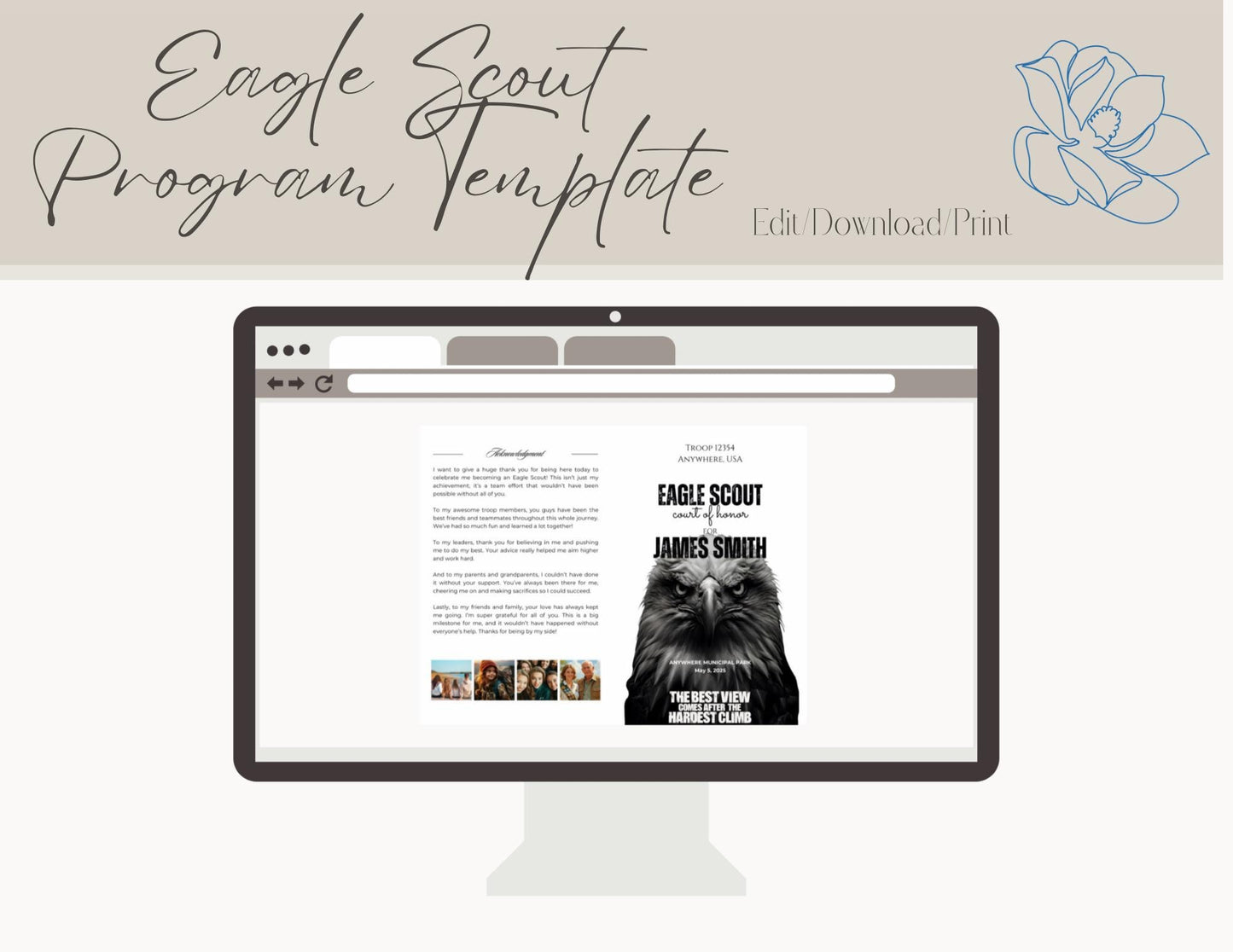 Eagle Scout Court of Honor Program order of events custom, Scouts, Party, customizable program, Hardest Climb