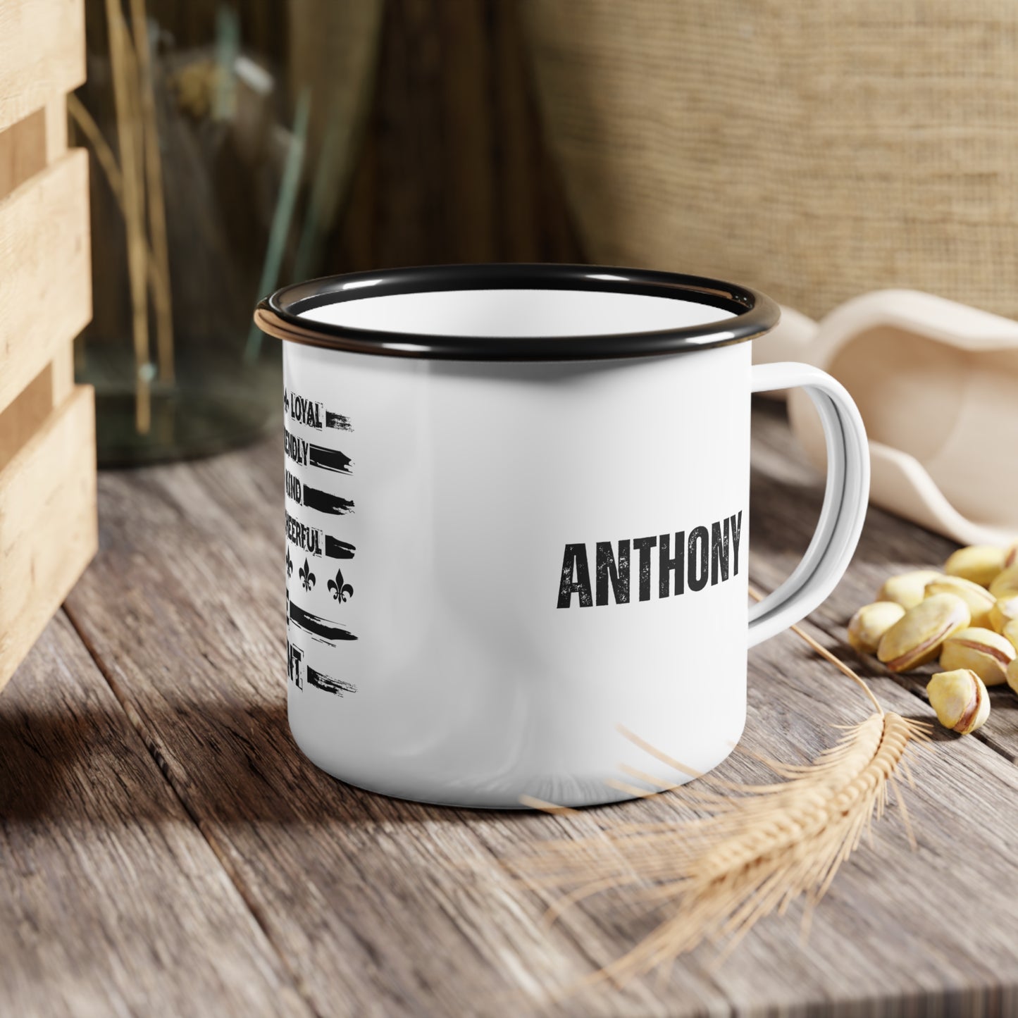 Enamel Camp Cup, Scout Law Camping Mug with custom name Outdoors, scouts, camping, scout leader, scout dad, scout mom, Personalized Camping