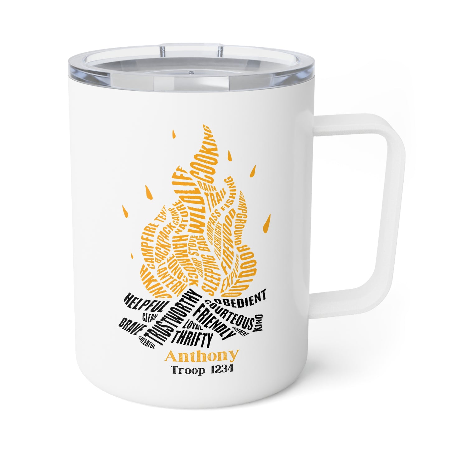 Camping Insulated Mug, Scout Leader Gift, Troop Campfire Scout Law Mug, Pack Camping Cup, 10oz Coffee Travel Cup, Outdoor Adventure Gift