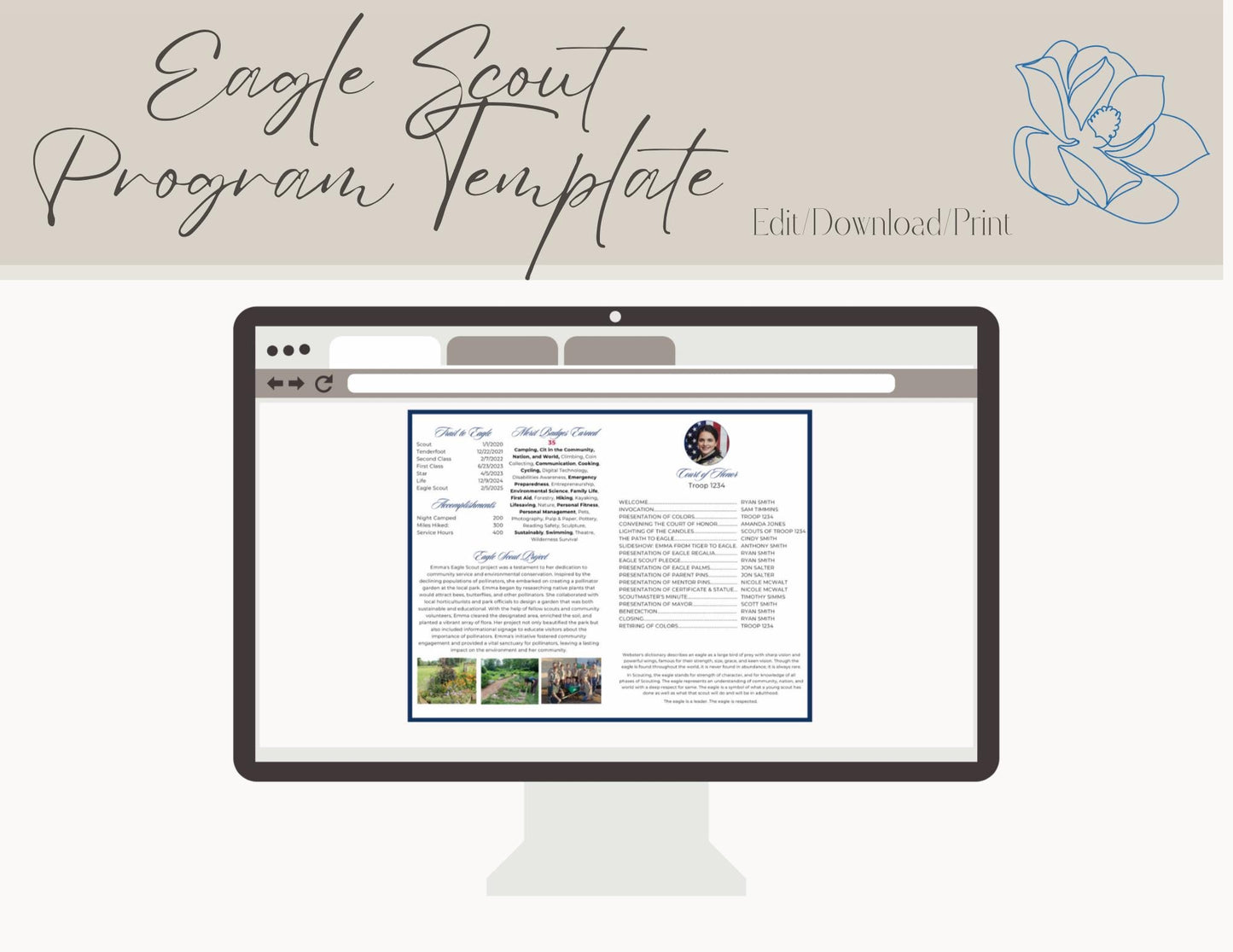 Eagle Scout Court of Honor Program order of events custom, Scouts, Party, Customizable Program, Blue Border