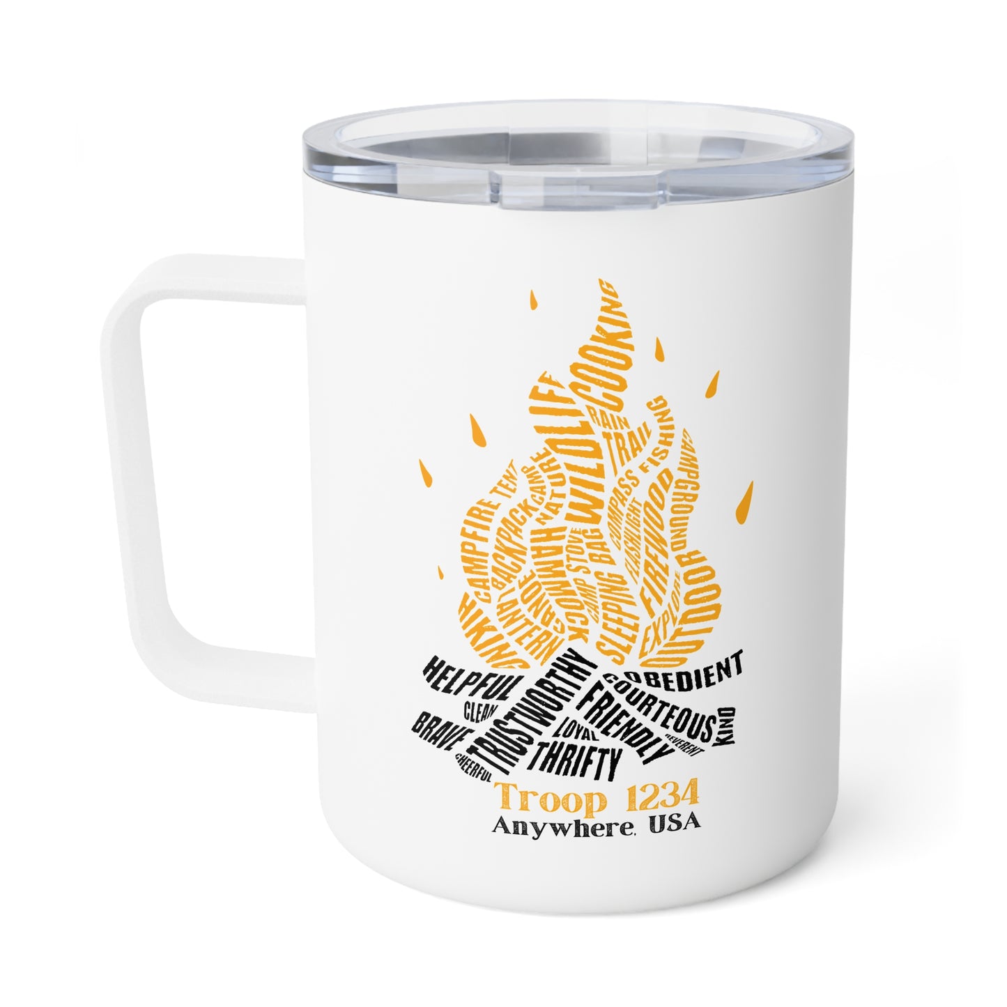 Camping Insulated Mug, Scout Leader Gift, Troop Campfire Scout Law Mug, Pack Camping Cup, 10oz Coffee Travel Cup, Outdoor Adventure Gift