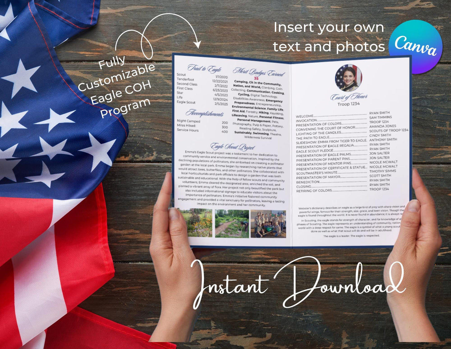 Eagle Scout Court of Honor Program order of events custom, Scouts, Party, Customizable Program, Blue Border