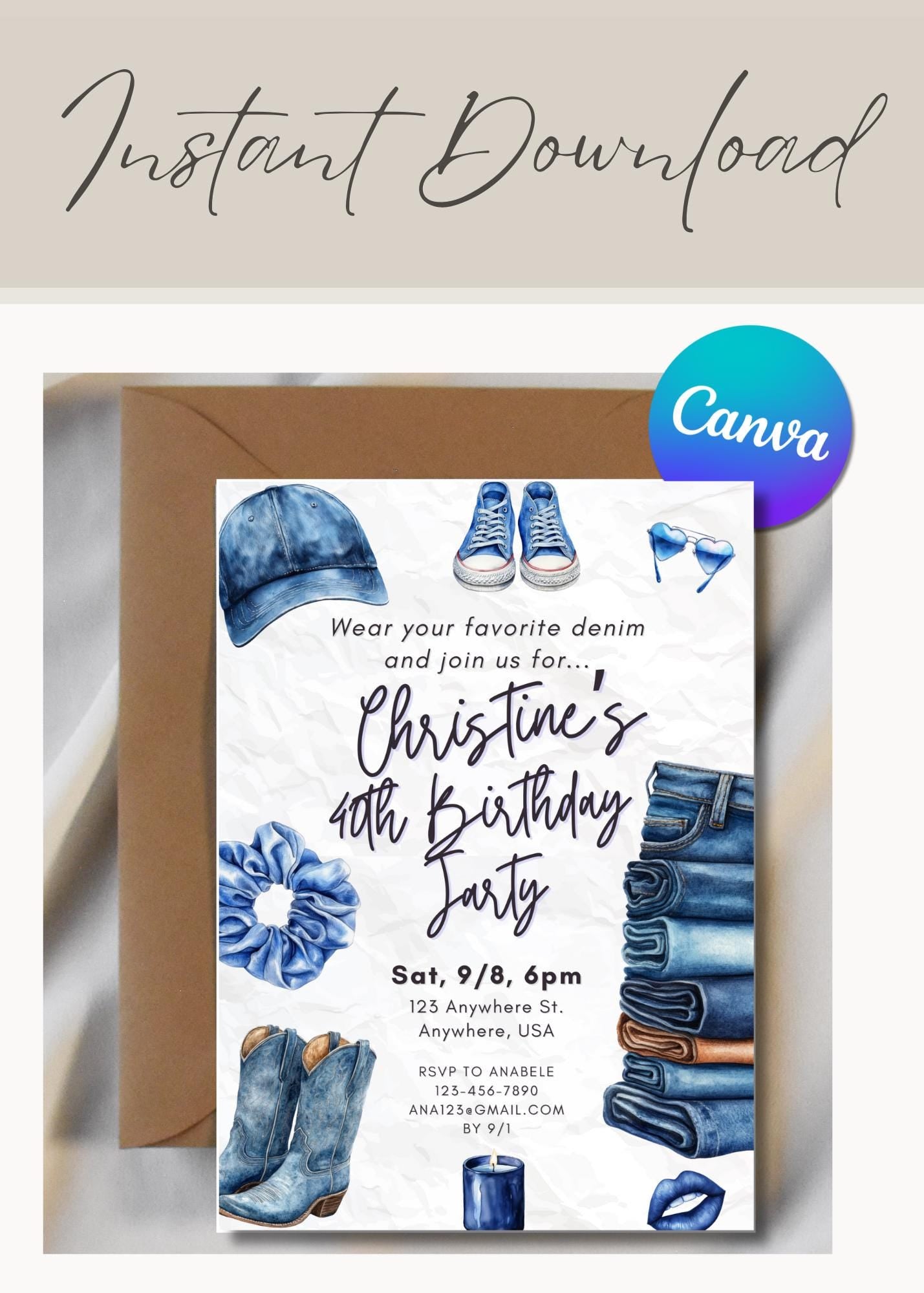 Birthday Invitation, Custom, Birthday Party Girl's Night Couples Denim Jarty Jeans Party Invitation, Trendy, Theme 2025