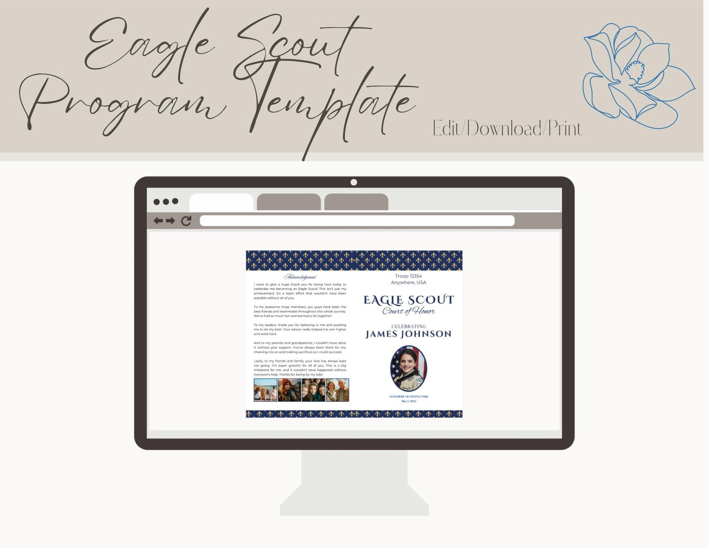 Eagle Scout Court of Honor Program order of events custom, Scouts, Party, customizable program, Fleur
