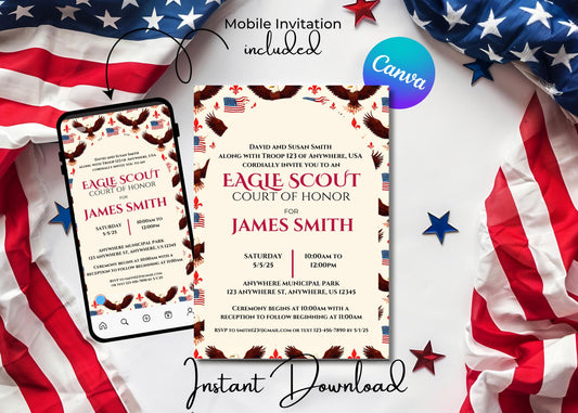 Eagle Scout Court of Honor Invitation, Printable Download, Digital Invite Template, Bald Eagle Scout