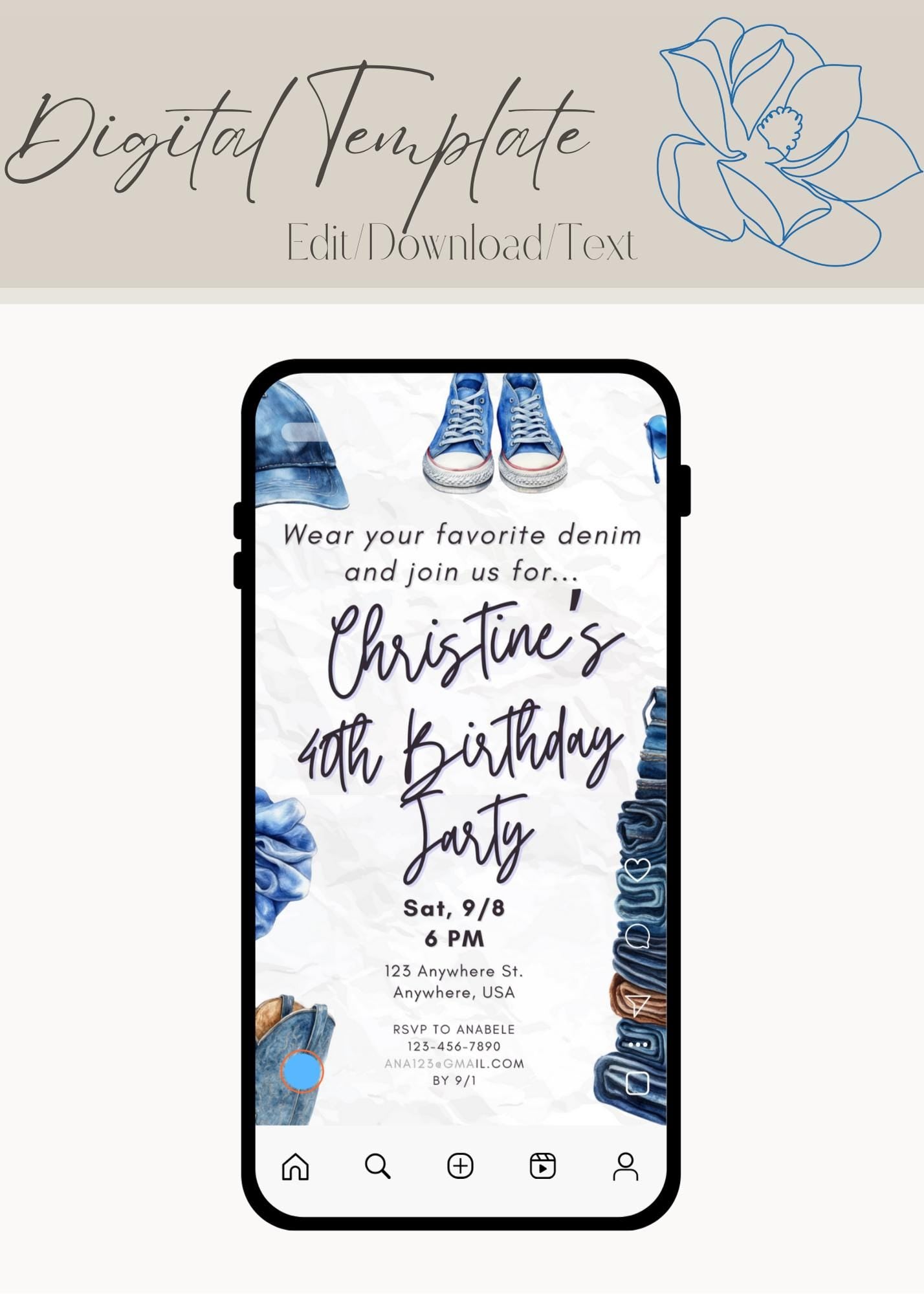Birthday Invitation, Custom, Birthday Party Girl's Night Couples Denim Jarty Jeans Party Invitation, Trendy, Theme 2025