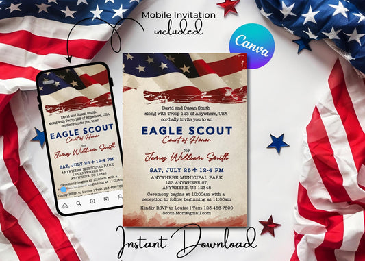 Eagle Scout Court of Honor Invitation, Printable Download, Digital Invite Template, Bald Eagle Scout