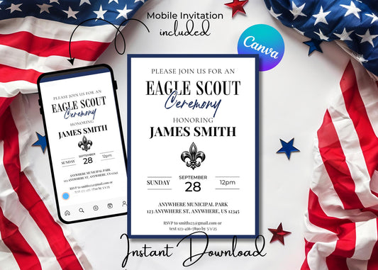 Eagle Scout Court of Honor Invitation, Printable Download, Invite Template, DIY Eagle Scout Blue