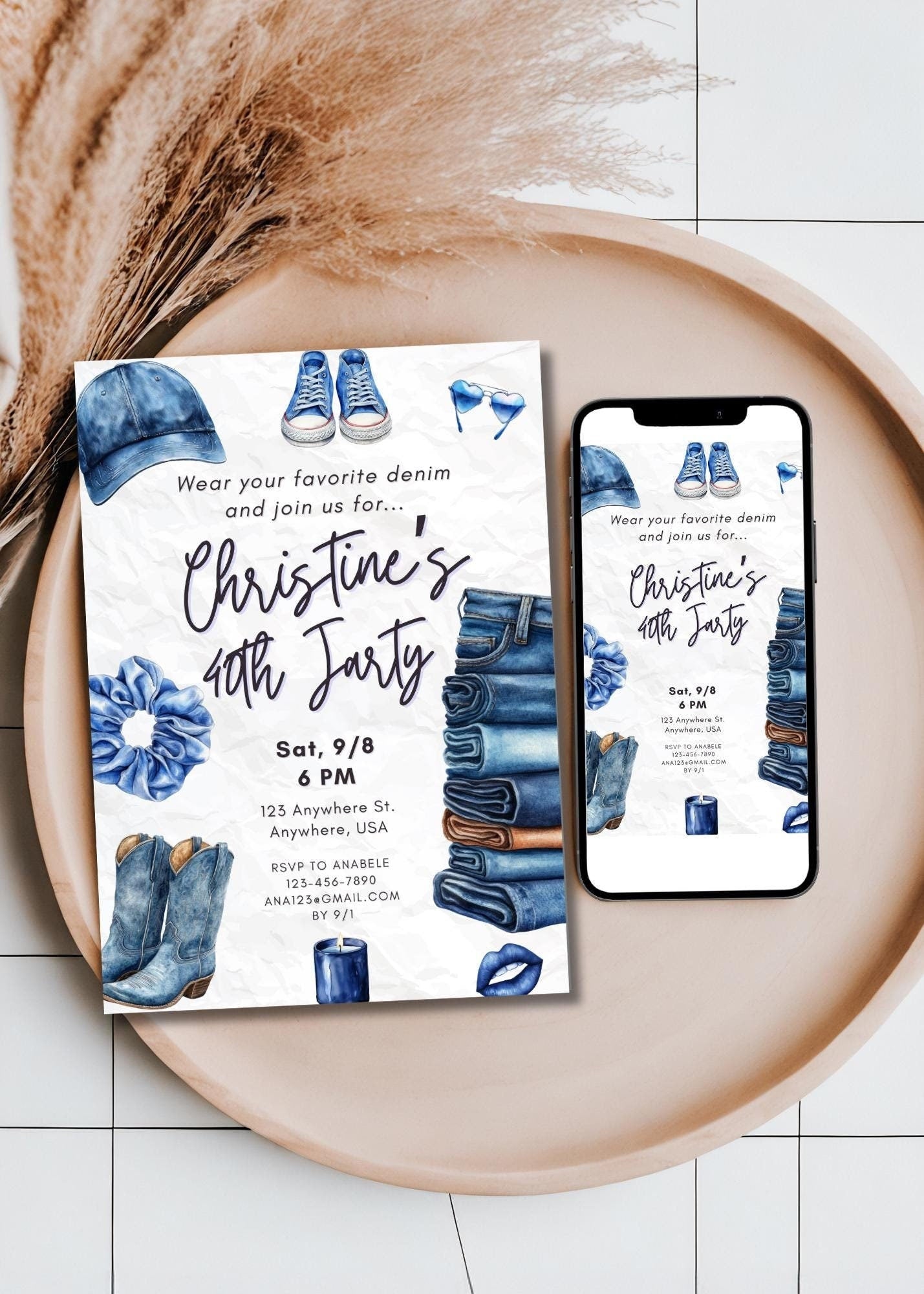 Birthday Invitation, Custom, Birthday Party Girl's Night Couples Denim Jarty Jeans Party Invitation, Trendy, Theme 2025