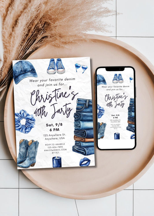 Birthday Invitation, Custom, Birthday Party Girl's Night Couples Denim Jarty Jeans Party Invitation, Trendy, Theme 2025